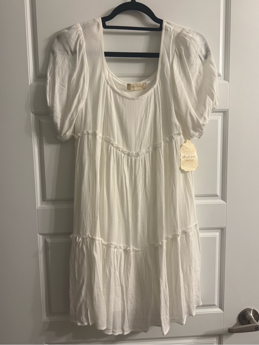 Altar'd State White Puff-Sleeve Tiered Women’s Dress
